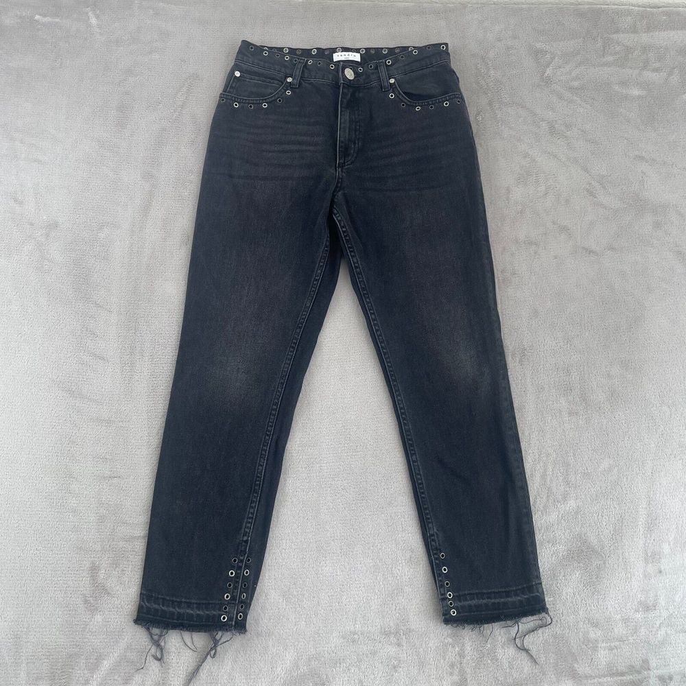 Sandro Paris Jeans Women 40 (28x26.5)‎ Black Rivets Studded Hi-Rise Split Hem